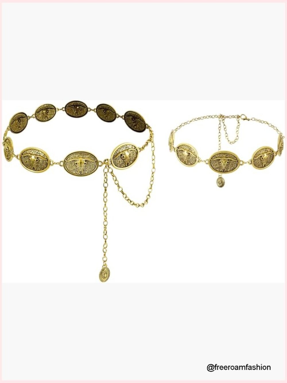 Western Cowboy Chain Belt and Hat Band Set Adjustable Vintage Bull Conchos